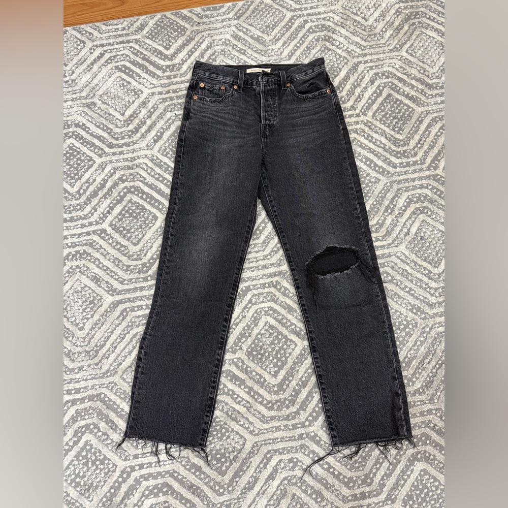 Levi's Straight Leg Washed Black Jeans with Distressed Knee